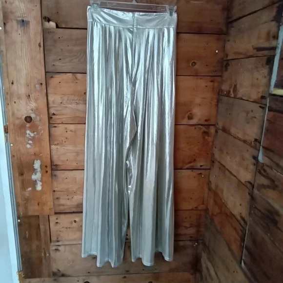 Love And Lemonade Pants Womens L Shiny Silver Super Wide Leg/Long Holiday - Picture 3 of 8